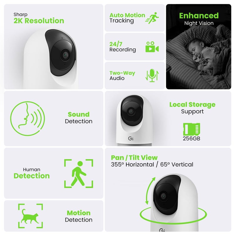 GEARit Indoor Cameras for Home Security - Camera with Pan/Tilt & Clear 2K HD Video - 33 ft Night Vision, 2 Way Audio, Motion Detector & Tracker Indoor Pet Camera for Dog, Cat - Easy to Set Wifi Camera - Image 2
